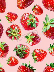 美食背景图案摄影照片_粉红色背景上的红色草莓图案