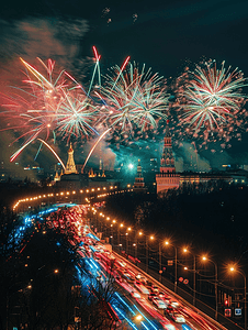 莫斯科电视塔和烟花的夜景