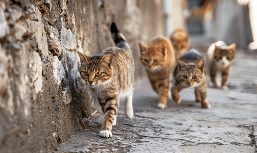 流浪动物摄影照片_猫沿着墙跑街上的流浪动物