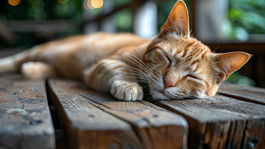 可爱猫咪休息木椅摄影照片