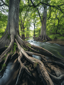 ai光线摄影照片_落羽杉树的根似乎流入河中