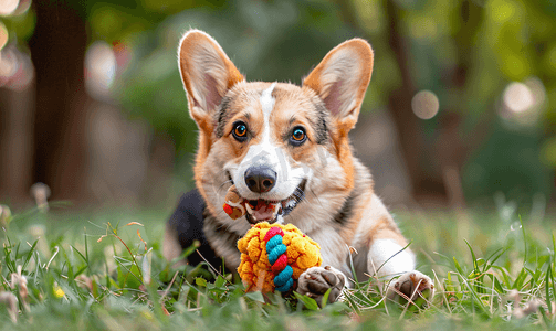 威尔士柯基犬在草坪上享受他的玩具