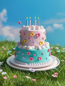 蓝色蛋糕摄影照片_双层白色粉蓝色生日蛋糕高清图片