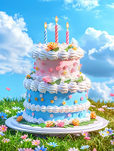 双层白色粉蓝色生日蛋糕高清图片