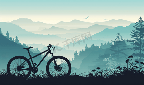 人物骑车剪影摄影照片_山地自行车剪影与美丽的景色
