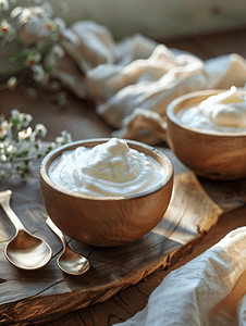 木制碗中的希腊酸奶木制背景上配有勺子