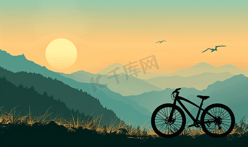 山地自行车剪影与美丽的景色