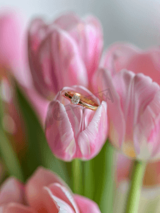 结婚戒指放在假粉色郁金香花中
