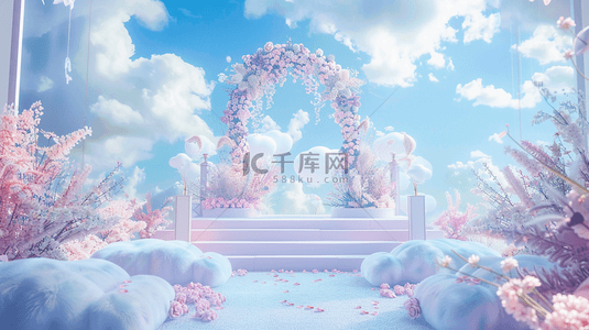 空间蓝背景图片_618柔和蓝粉色直播间花朵拱门展台2素材