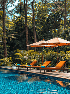 泳池边的日光浴床位于泳池附近周围环绕着松树