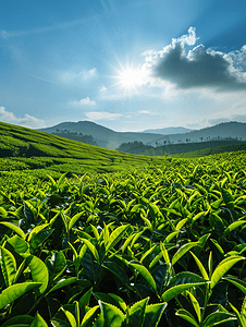 蓝天背景的绿茶农场