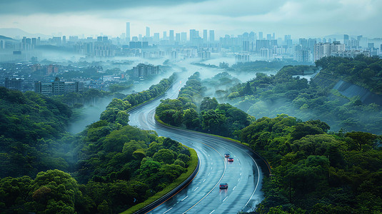 城市道路环形绿植摄影照片