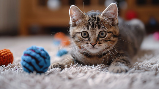 可爱小猫玩耍毛线团摄影照片