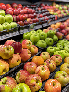 储存食品摄影照片_商店里的苹果抽屉里有很多苹果新鲜水果