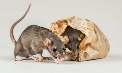两只老鼠正要钻进垃圾袋