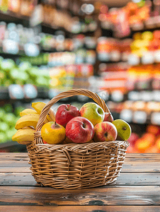 杂货店超市木桌上放有水果的购物篮模糊背景