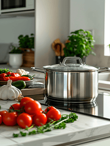 现代厨房里的锅和蔬菜
