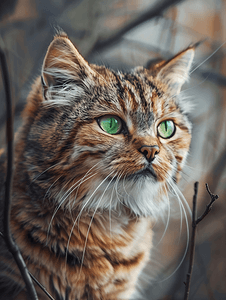 森林里绿眼睛美丽野猫的肖像