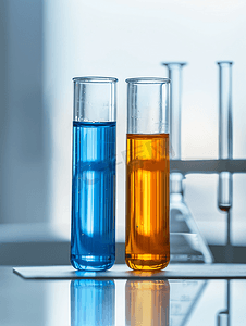 有蓝色和橙色化学液体的科学实验室试管