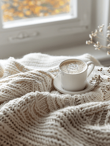 冬天的首页摄影照片_针织格子上放着咖啡杯的家庭工作场所