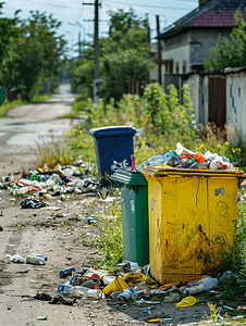市区的垃圾桶和垃圾填埋场村里的塑料垃圾箱