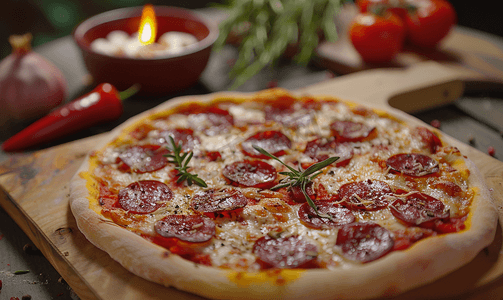 披萨配萨拉米香肠和炉子上的明火