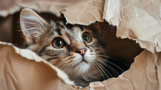 猫在纸边的破洞里抬头看照片