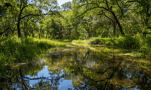 德克萨斯州斯普林斯普林溪绿道小径沿线斯塔尔保护区的一个池塘