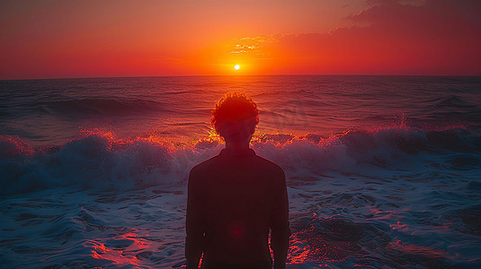 人物背影夕阳海边摄影照片