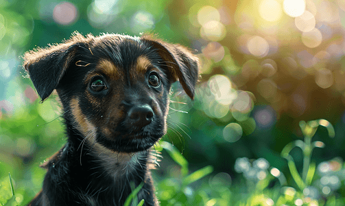 绿草摄影照片_可爱的小狗与绿草散景背景高级照片
