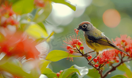 小鸟春天摄影照片_这只小鸟正站着吃着红穗花的心皮