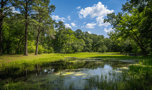 森林的树木摄影照片_德克萨斯州斯普林斯普林溪绿道小径沿线斯塔尔保护区的一个池塘