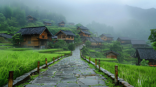 烟雨村庄古代建筑摄影照片