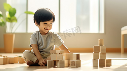 小男孩子在地板上玩积木摄影照片