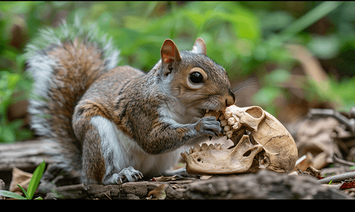 一只东部灰松鼠正在咀嚼一只小型哺乳动物的颌骨