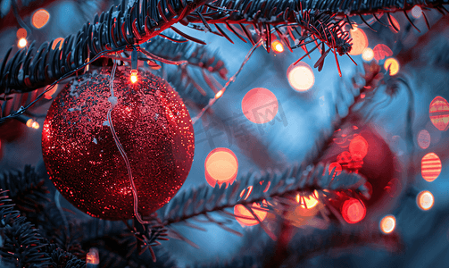 圣诞led灯串摄影照片_圣诞树树枝上的红球和灯串
