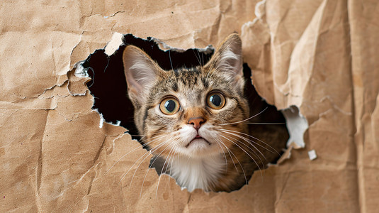 猫在纸边的破洞里抬头看摄影照片