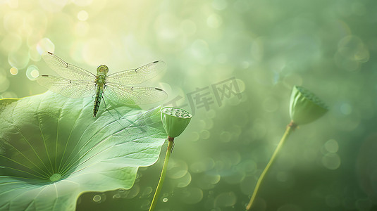 绿色荷叶蜻蜓莲子摄影照片