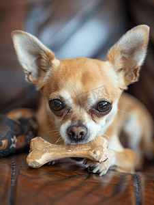 米色沙发摄影照片_一只吉娃娃狗在皮沙发上啃骨头狗吃东西