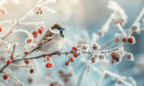 寒冷的冬日早晨一只冰冻的麻雀坐在玫瑰果树枝上上面挂着浆果
