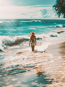 夏季热带沙滩上的年轻旅行者和柔软的海浪