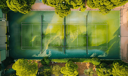 无人机从上往下俯瞰公共运动区的网球场和板球场