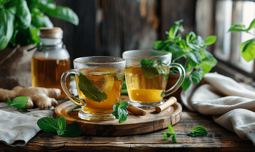 茶蜂蜜摄影照片_木质背景上两杯天然草药茶姜柠檬薄荷和蜂蜜
