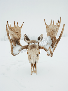 白雪中幼小驼鹿动物的头骨