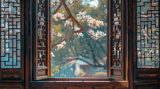 窗户木头花朵镂空摄影照片