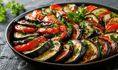 甜椒摄影照片_黑色盘子里盛有烤茄子、甜椒、大蒜、西葫芦和欧芹的沙拉