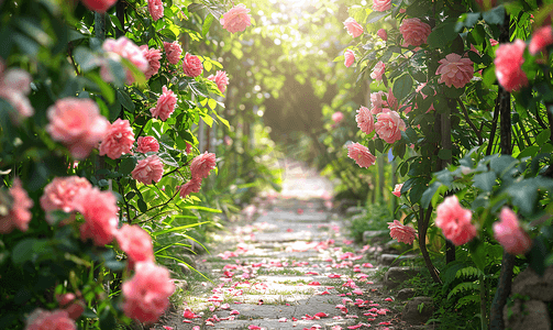 一朵爬满粉色花朵的玫瑰覆盖了花园小径