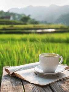 山和阳光摄影照片_木桌上有报纸的咖啡杯和稻田背景