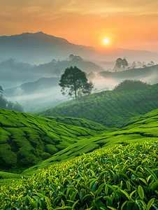 大气水彩绿色摄影照片_日出晨雾中的茶园景观