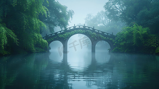 一座拱桥绿树成荫摄影配图